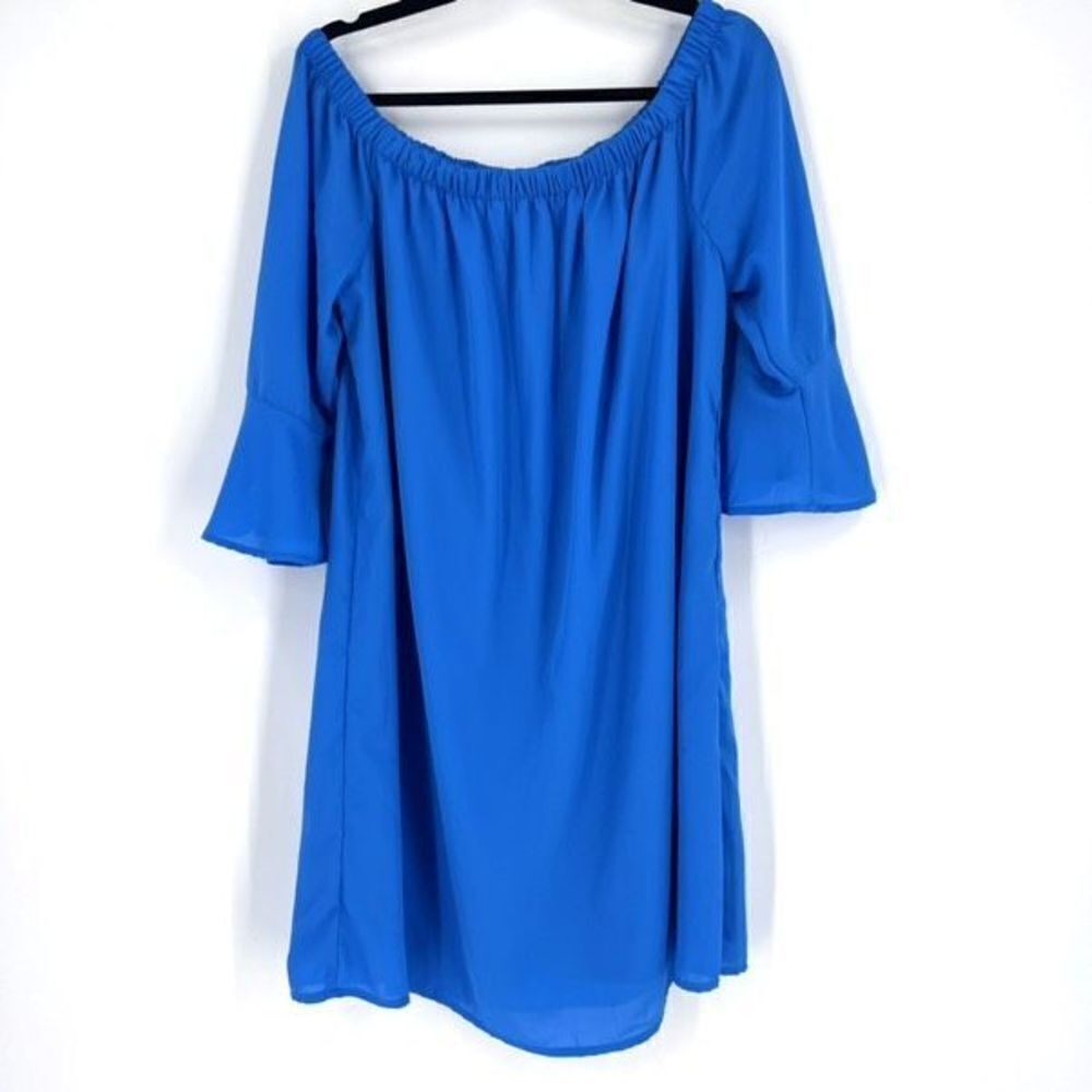 City Streets Womens Bell Sleeve Stretch Off-the-Shoulder Midi Dress Blue Size XL